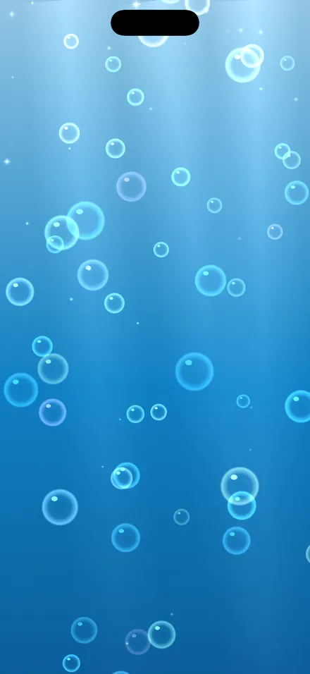 水色の画面いっぱいに、大小のあわが下から上へのぼっているあそびの画面